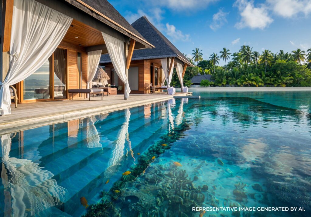 A luxurious overwater bungalow with direct lagoon access in Bora Bora.