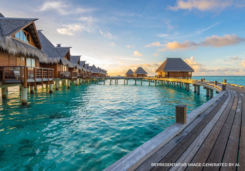 Private deck of an overwater bungalow with lagoon views in Bora Bora.