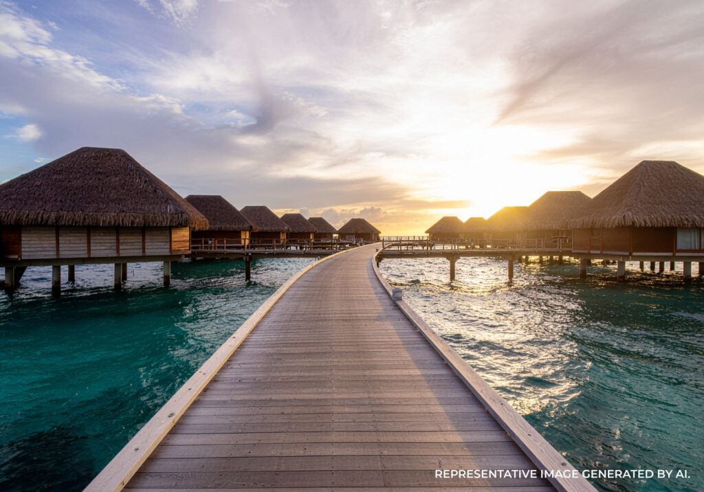 Steps from an overwater bungalow leading directly into the lagoon in Bora Bora.