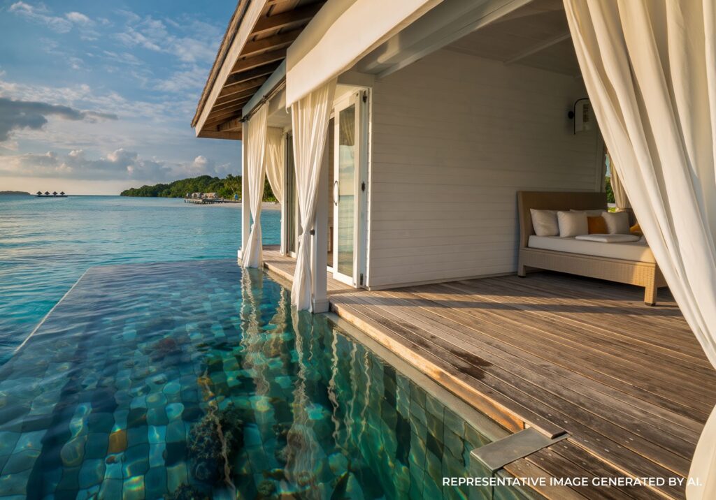 A sunset view behind overwater bungalows in Bora Bora.