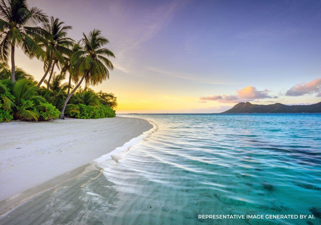 A tropical beach lined with palm trees during a bright Bora Bora sunset.
