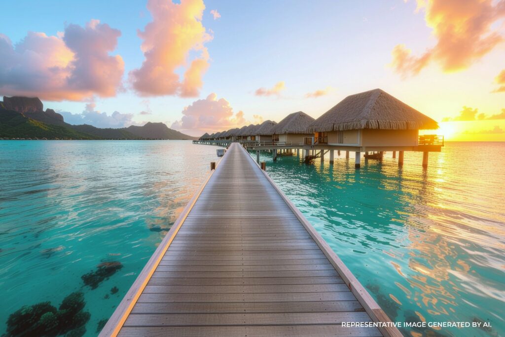 Wide sunset view of overwater bungalows above a glowing turquoise lagoon.