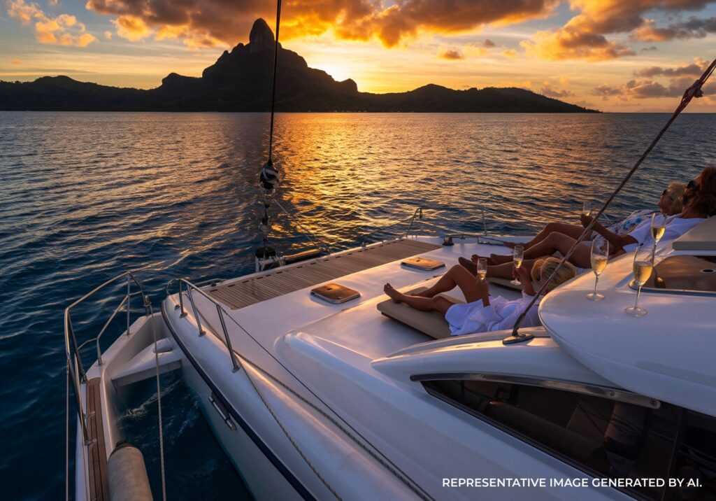 A sailboat framed by a vibrant sunset sky over clear Bora Bora waters.