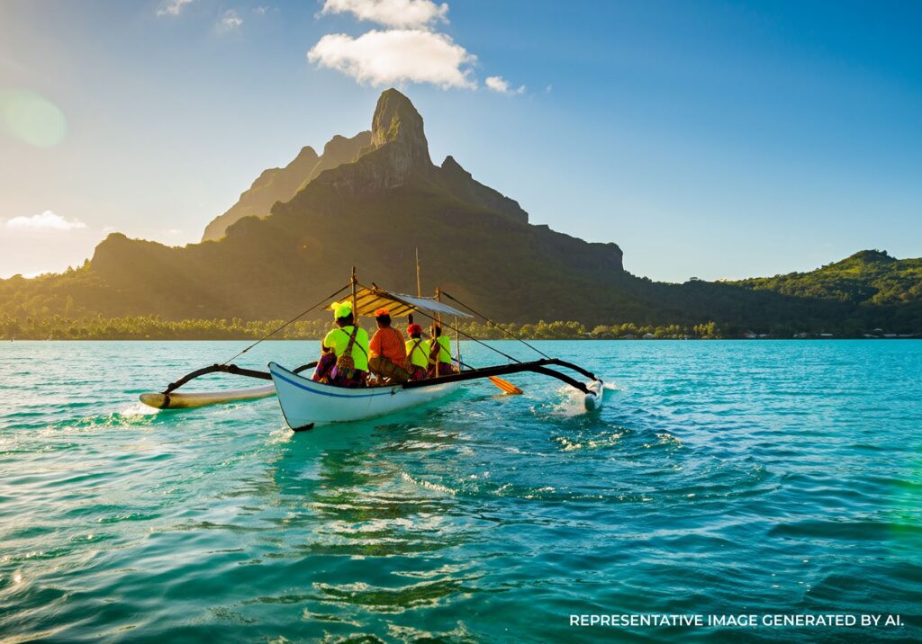 AI generated image of a group riding a traditional Polynesian outrigger canoe across Bora Bora’s clear turquoise lagoon with Mount Otemanu rising in the background.