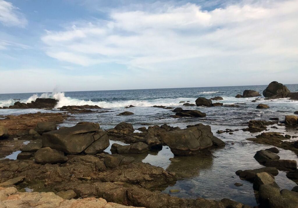 Rocky shoreline in Cabo San Lucas with waves crashing against volcanic rocks beneath a blue sky.