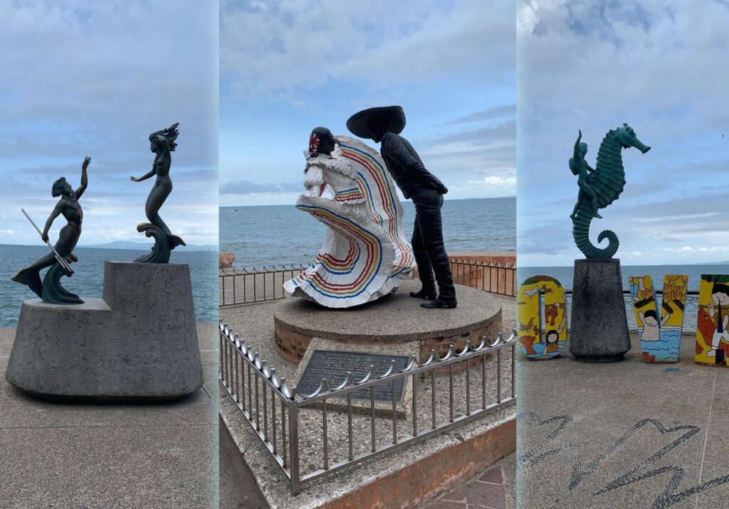 Oceanfront sculptures along Mexico’s coastline, including mermaids, a dancing couple, and the iconic seahorse statue.