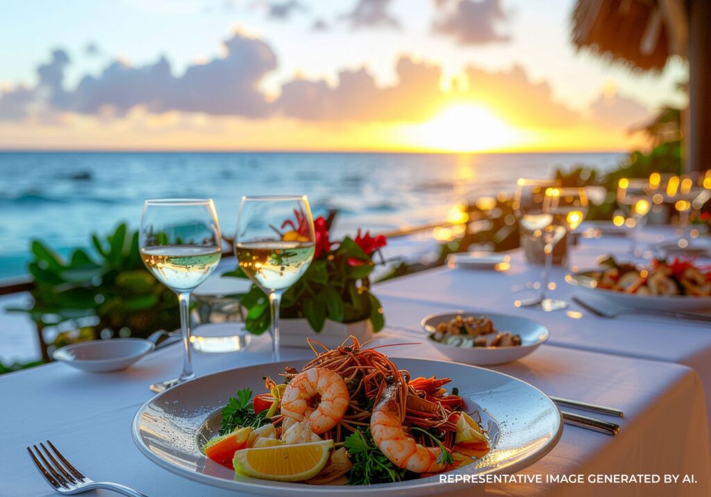 Beachfront dining table with seafood and wine at sunset in Cancun