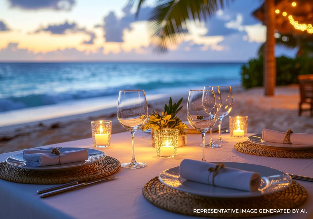 Candlelit beachfront dining setup overlooking turquoise water in Cancun, Mexico