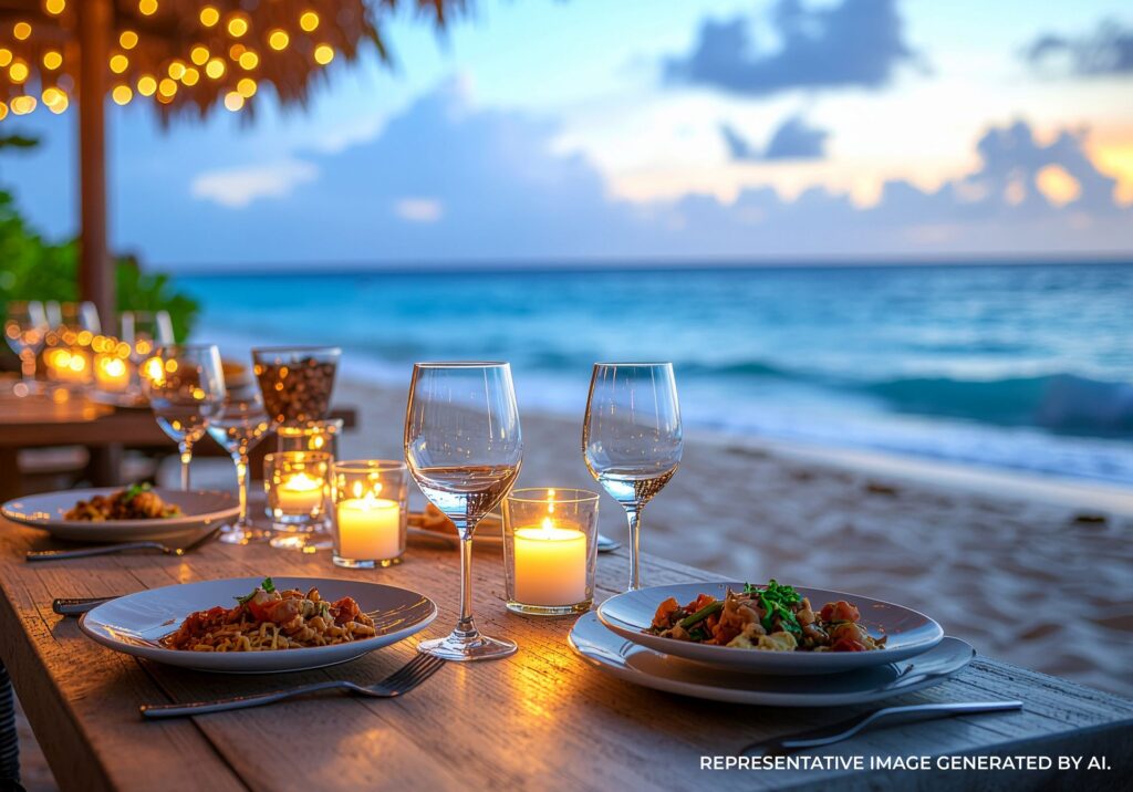 Romantic oceanside dining table with candles and fresh seafood in Cancun, Mexico