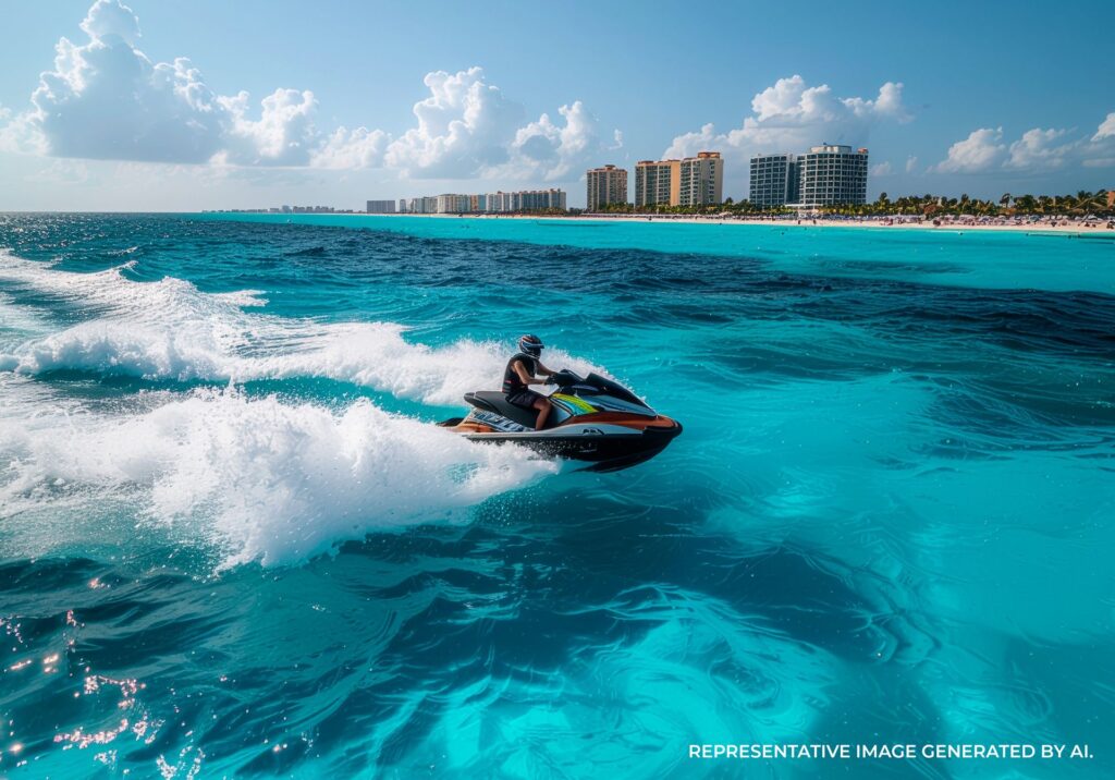 Jet skier carving through crystal clear water with Cancun skyline behind