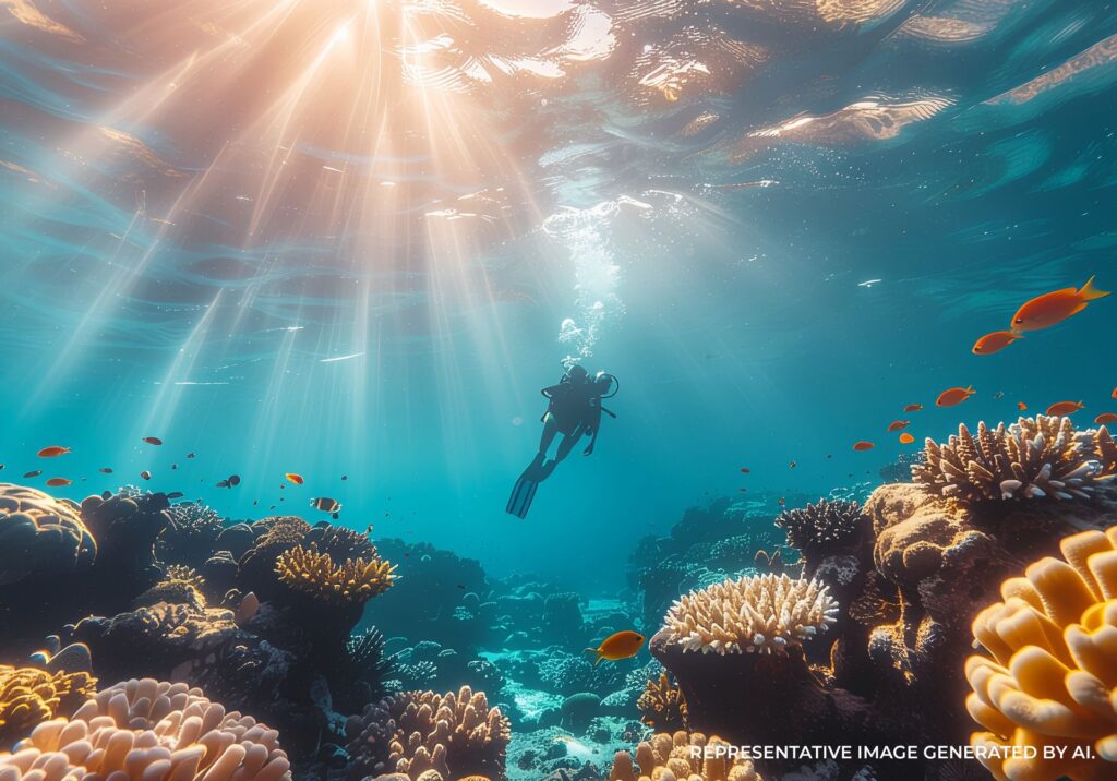 Diver exploring coral reefs beneath sunbeams in the Caribbean waters near Cancun, Mexico