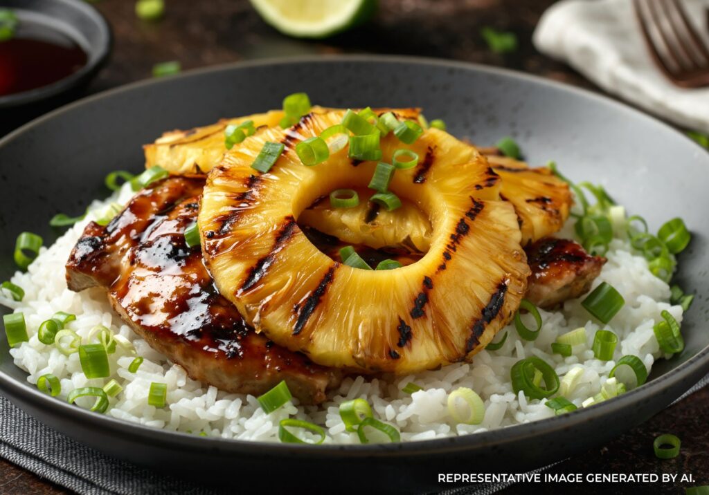Grilled pineapple chicken served over steamed rice, topped with green onions on the Island of Hawai‘i, Big Island.