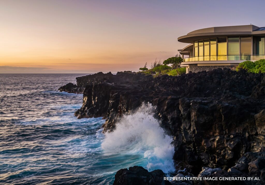 Seaside luxury resort resting above volcanic cliffs with waves splashing against rocks at sunset.
