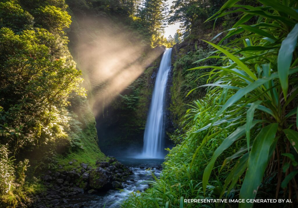 Sunlight streaming through trees onto a lush green cliffside waterfall on the Island of Hawai‘i.