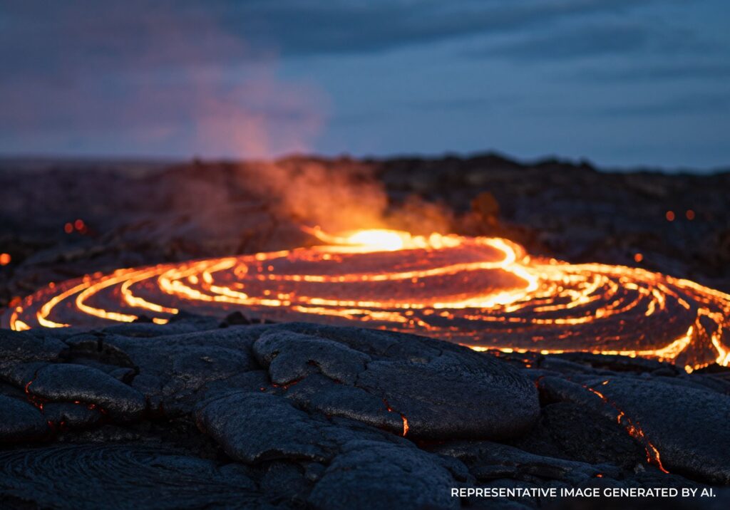 Glowing lava spreading across cooled volcanic rock on the Island of Hawai’i.