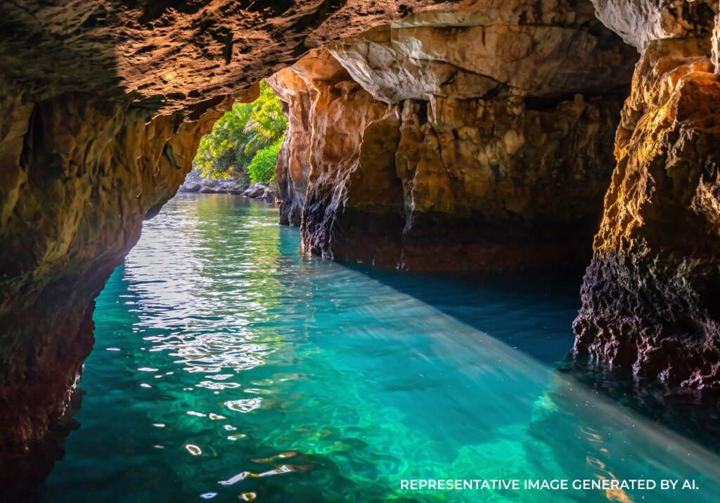 Blue lagoon beneath a rocky cliffside cave with tropical water in Jamaica