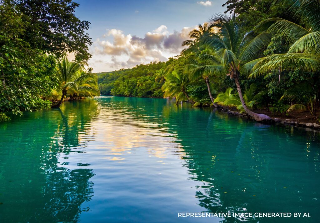 Bright turquoise lagoon surrounded by dense jungle foliage in Jamaica
