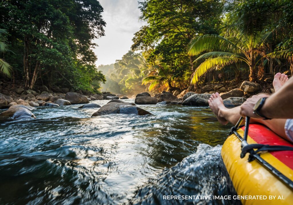 person floating down river rapids through tropical jungle in jamaica