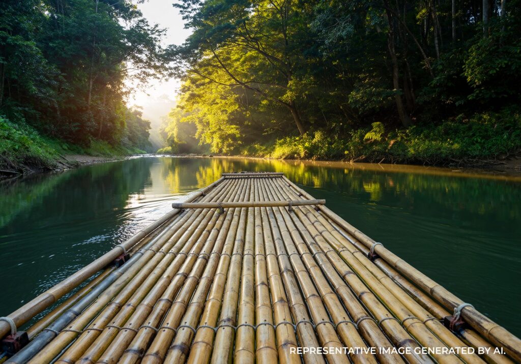 bamboo raft floating on calm river surrounded by forest in jamaica