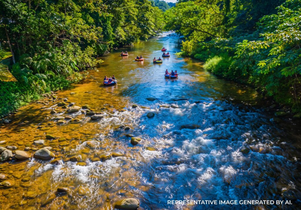 Tropical river flowing through dense green jungle in Jamaica