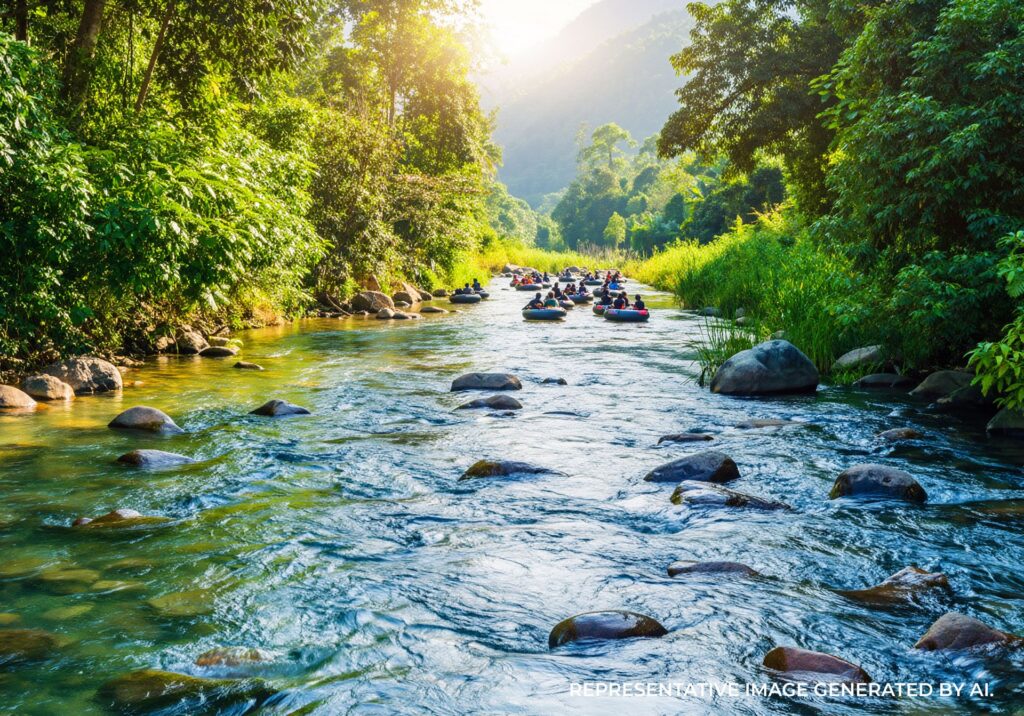 River with rocks and surrounding trees under sunlight in Jamaica