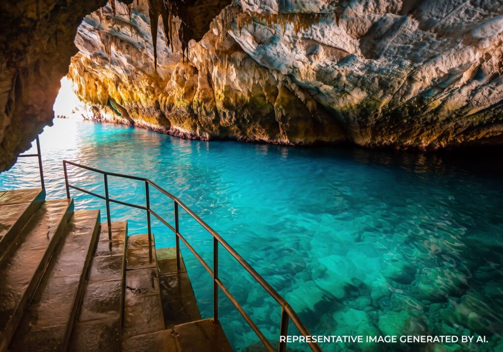 Stairway descending into a turquoise cove beneath rocky cliffs in Jamaica
