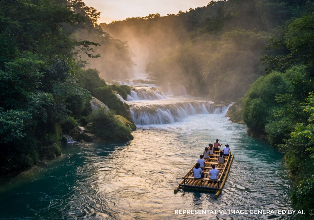 Raft floating toward a small waterfall surrounded by jungle in Jamaic