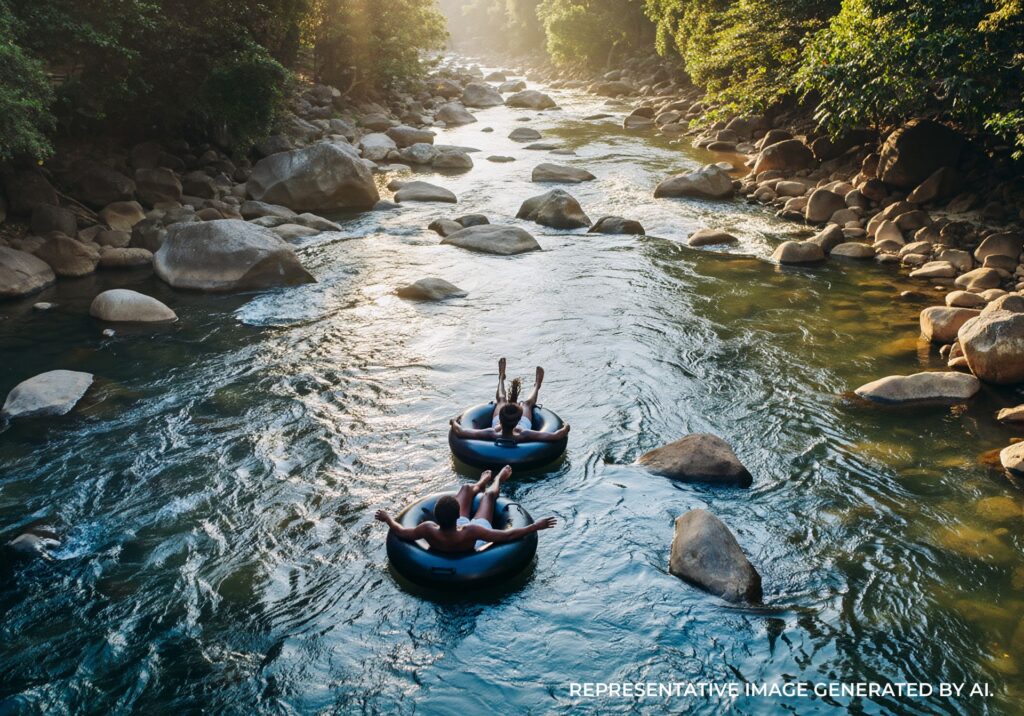 Group rafting through shallow river rapids lined with rocks and trees in Jamaica
