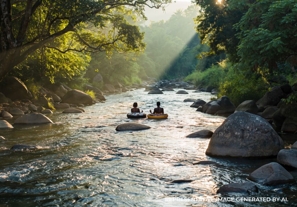 Two tourists floating on inner tubes down a forest river in Jamaica