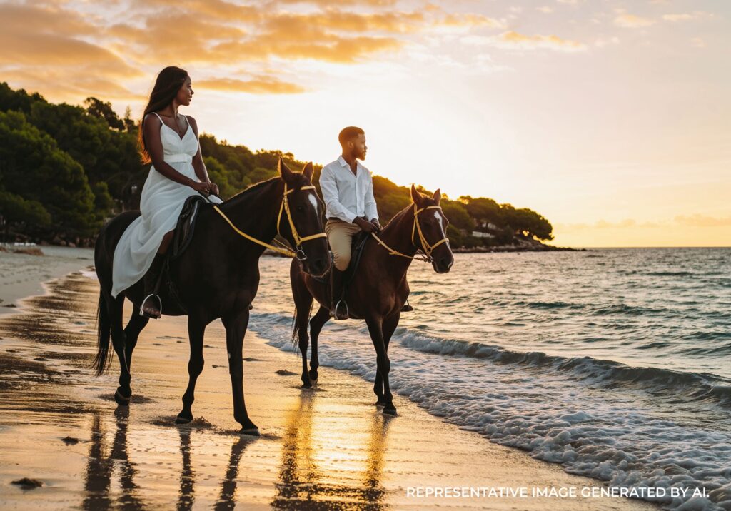 Couple horseback riding beside the ocean at sunset in Jamaica
