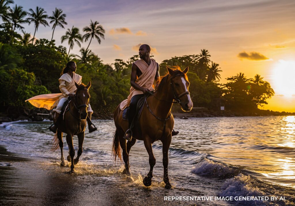 Group horseback riding along a sandy beach with palm trees in Jamaica