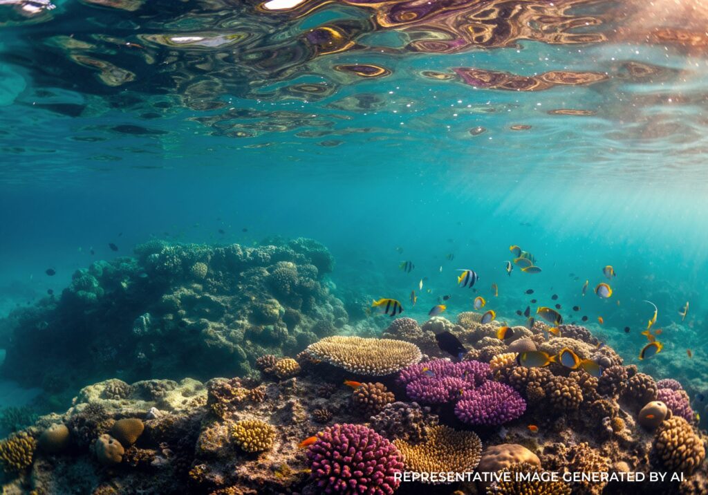 colorful coral reef underwater with tropical fish in jamaica