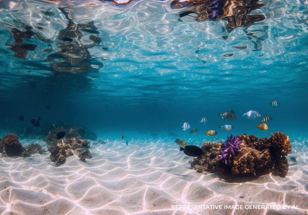 sunlit coral reef with tropical fish underwater in jamaica