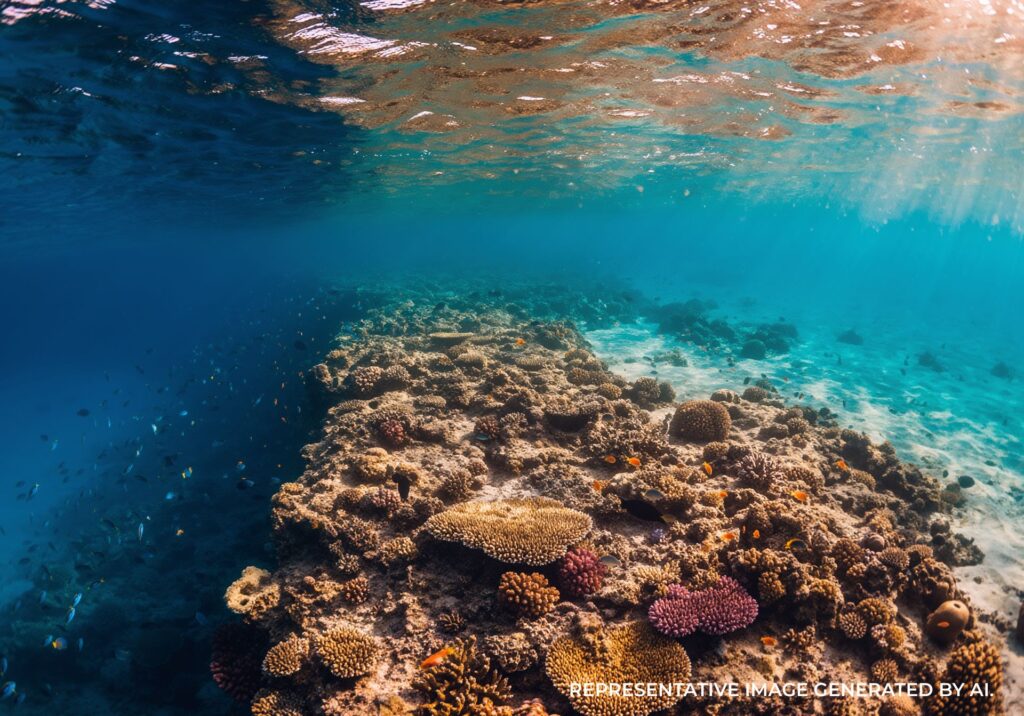 coral reef underwater at sunset with warm light and fish in jamaica