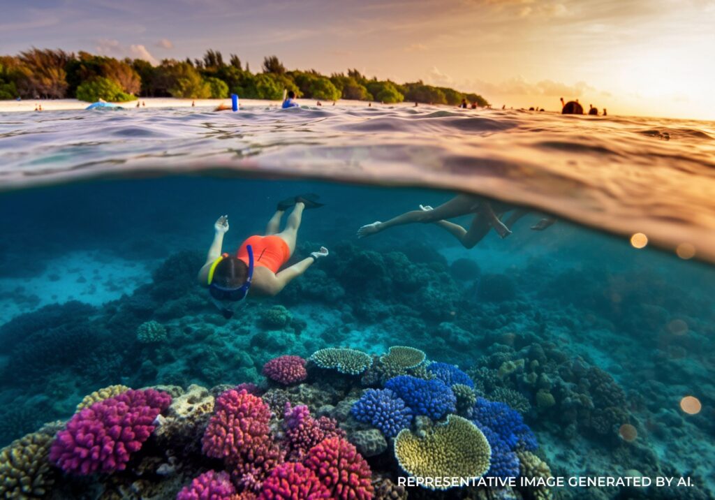 snorkeler swimming over coral reef at sunset in jamaica