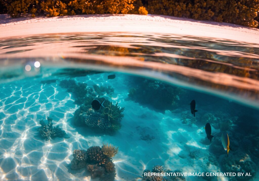 shallow turquoise water over coral reef with tropical fish in jamaica