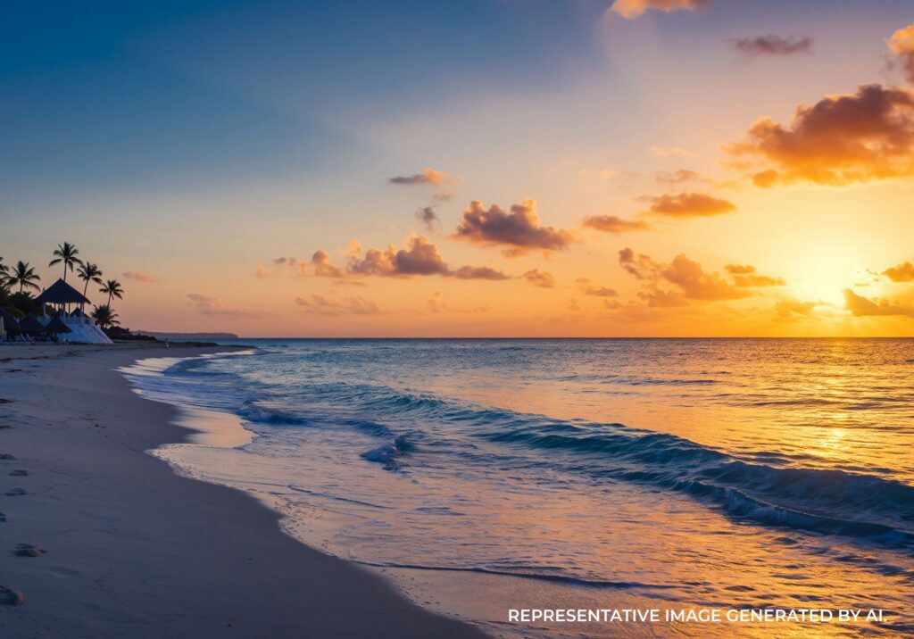 Pastel sunset over gentle waves on a sandy beach in Jamaica