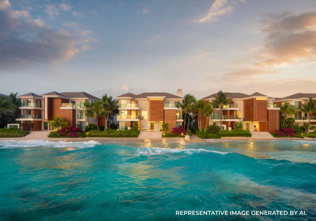 Resort villas with pool and ocean views surrounded by palm trees in Jamaica