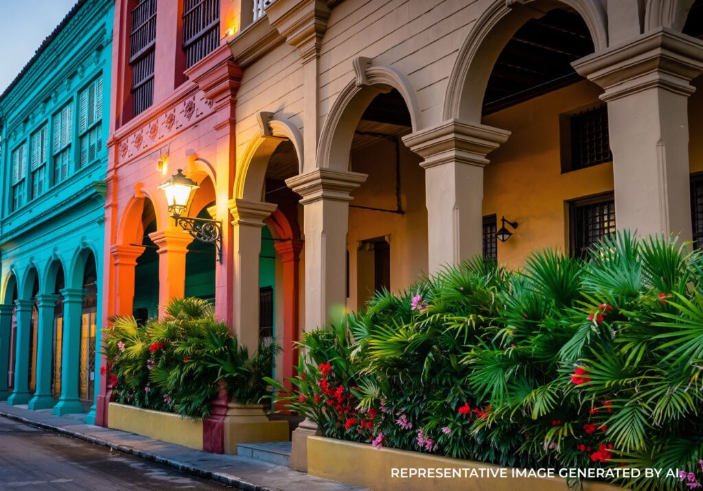 Restaurant exterior with arches and tropical plants at sunset in Jamaica