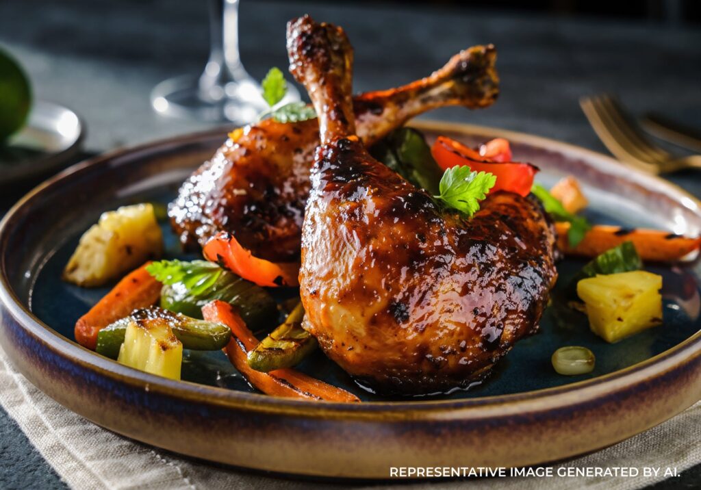 Grilled chicken served with vegetables on a plate in Jamaica