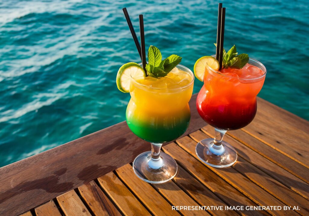 Colorful tropical cocktails on a wooden deck beside the ocean in Jamaica