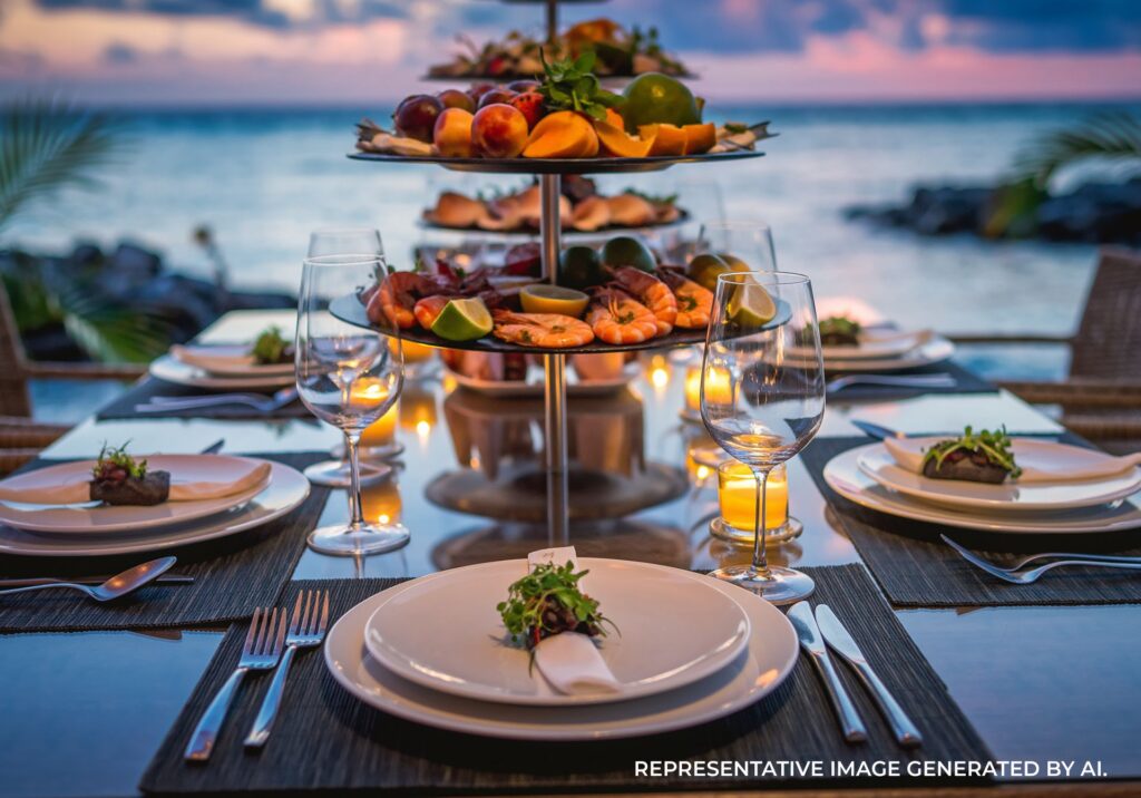 Seafood tower on a dining table overlooking the ocean in Jamaica