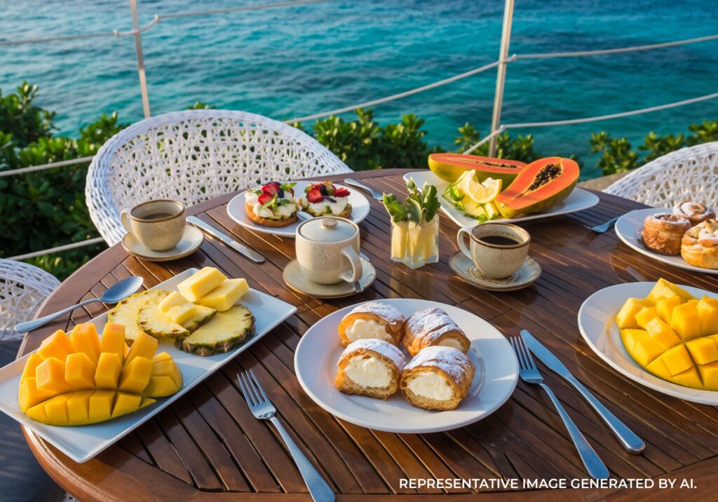 Breakfast meal served on a table overlooking turquoise ocean water in Jamaica