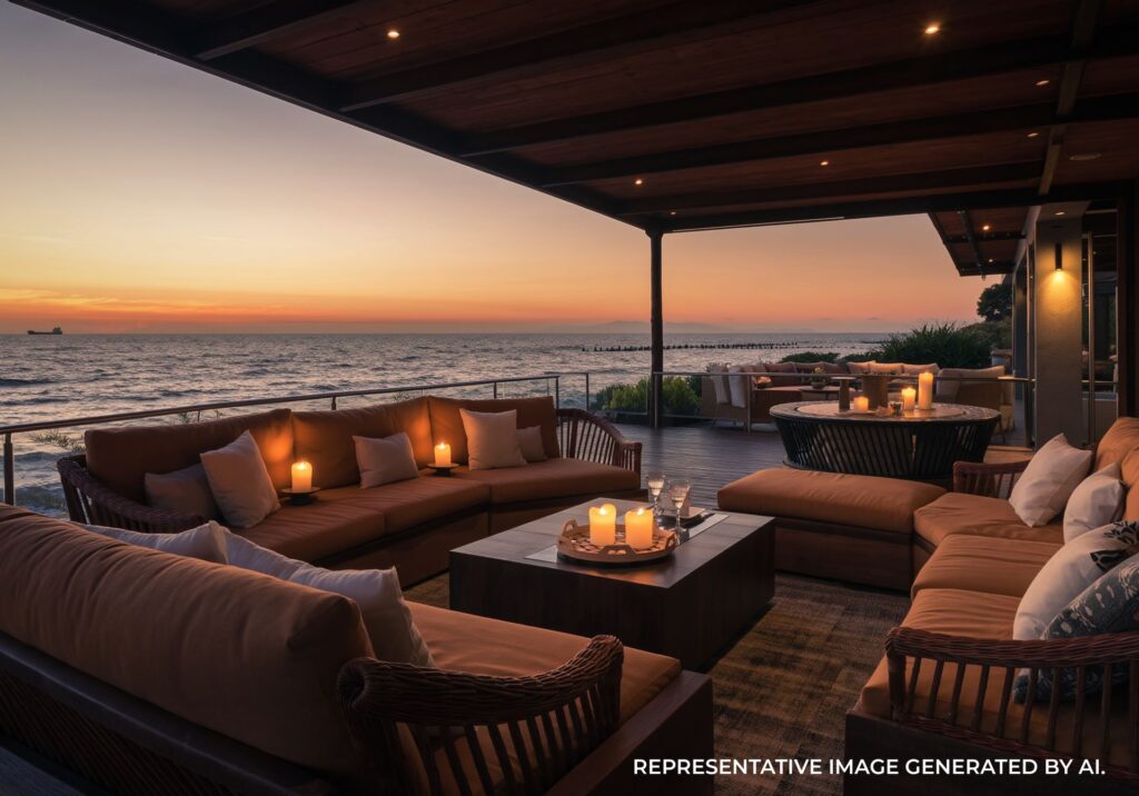 Outdoor lounge area with ocean view at sunset in Jamaica