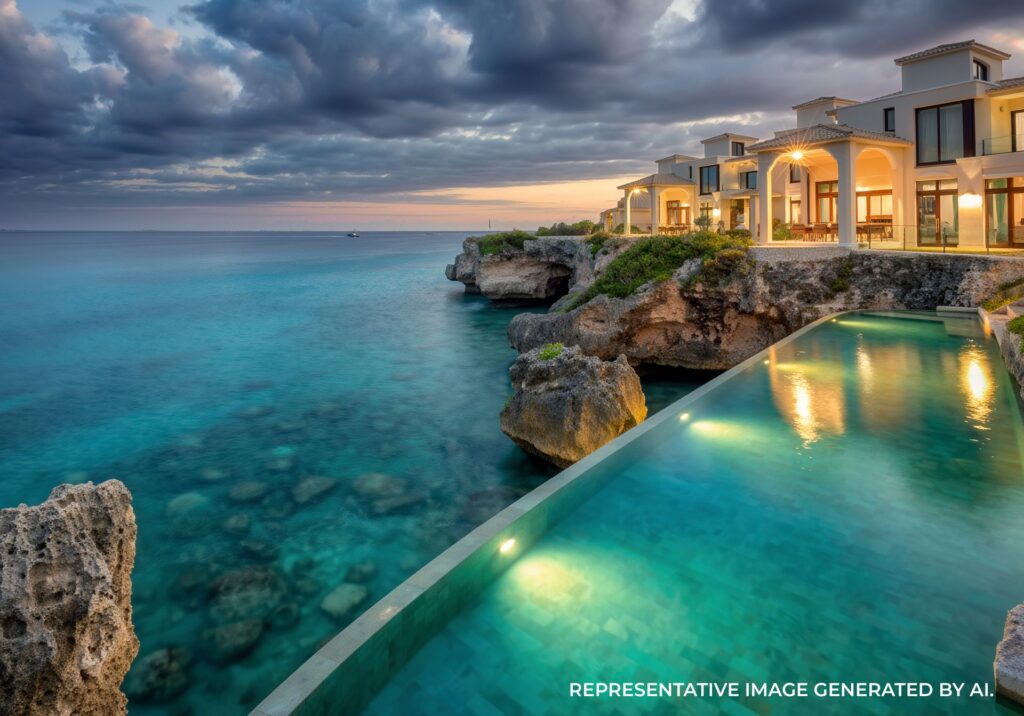 Infinity pool built along a rocky cliff above turquoise water in Jamaica