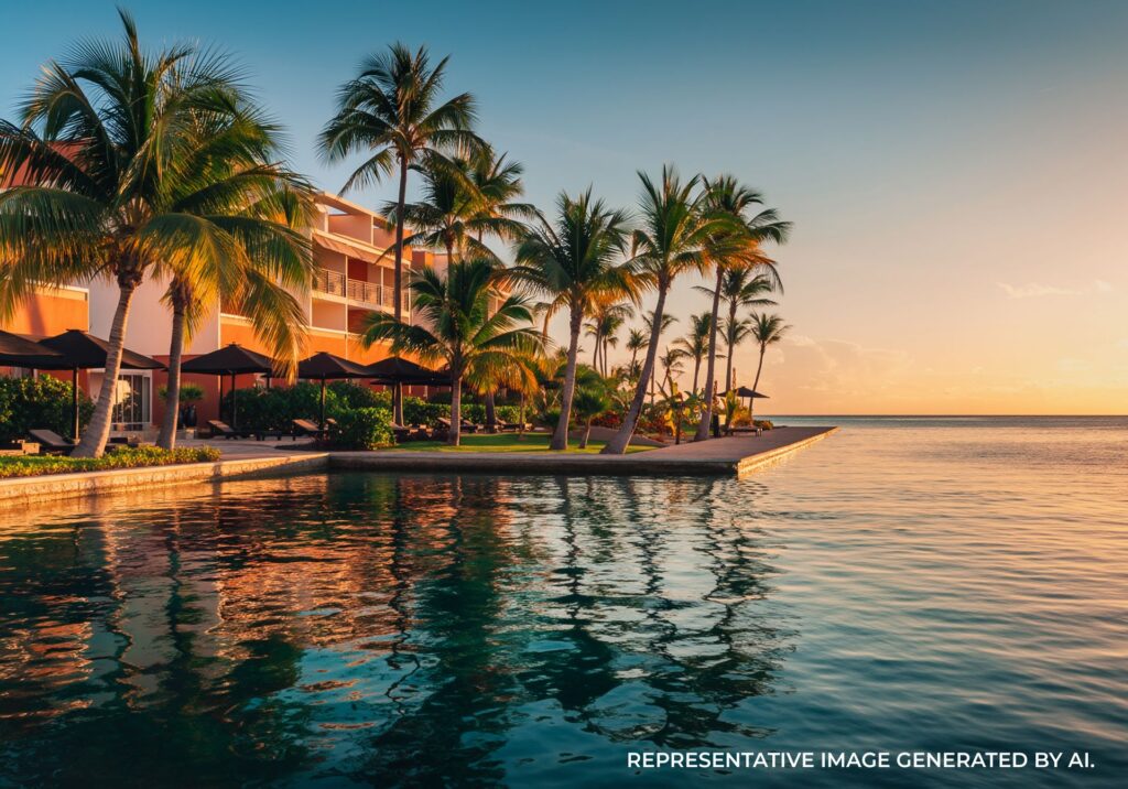 Luxury beachfront resort with infinity pool overlooking calm ocean in Jamaica