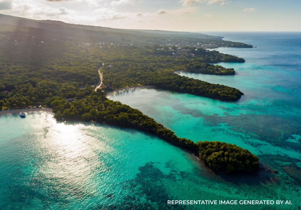 Aerial view of tropical coastline with turquoise water in Jamaica