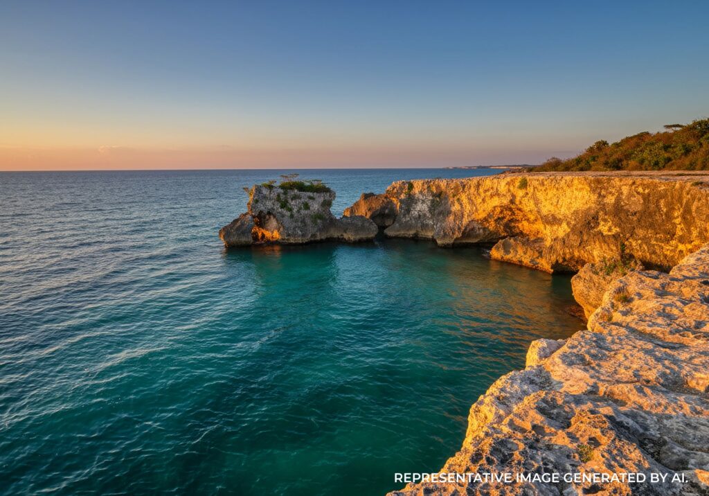 Rocky ocean cliffs and clear turquoise water at golden hour in Jamaica