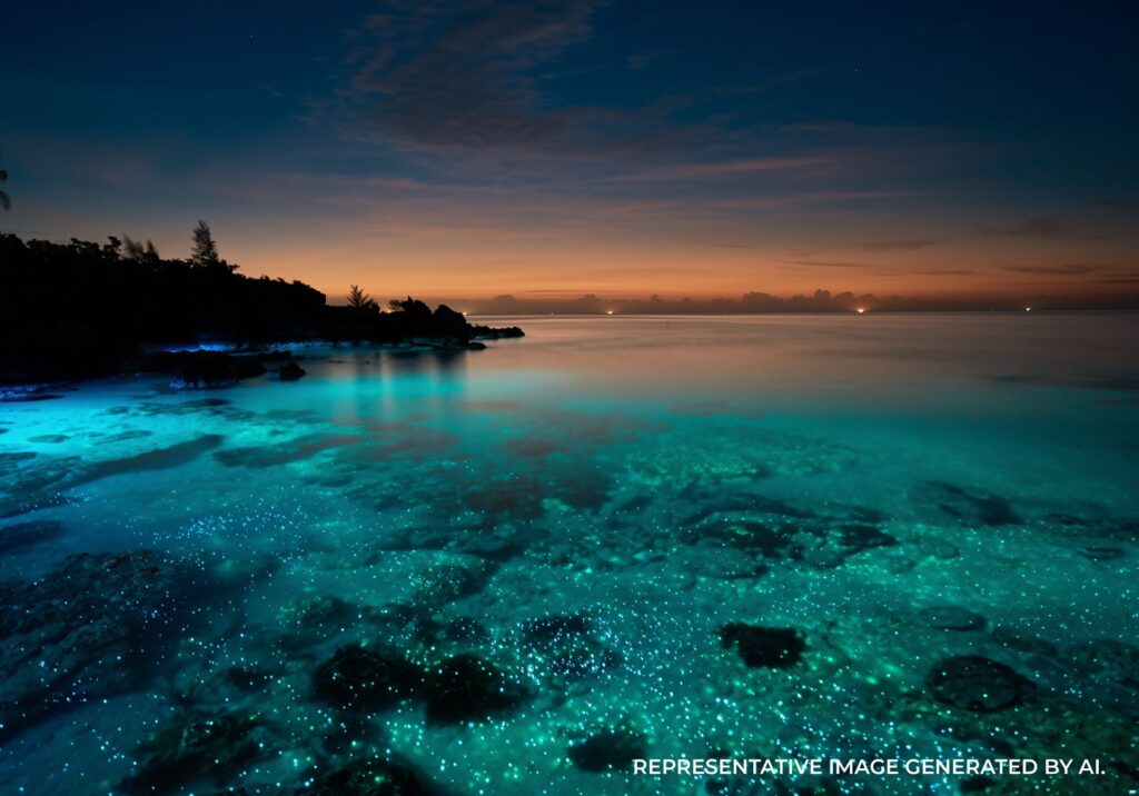 Blue lagoon with clear water and coral at twilight in Jamaica