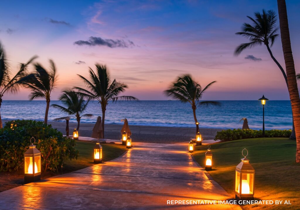 Pathway lined with lanterns leading to the ocean at sunset in Jamaica